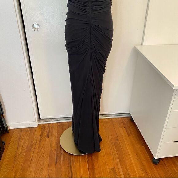 Tadashi Shoji Black Ruched Asymmetrical Floor Length Gown Size Medium - Picture 8 of 14